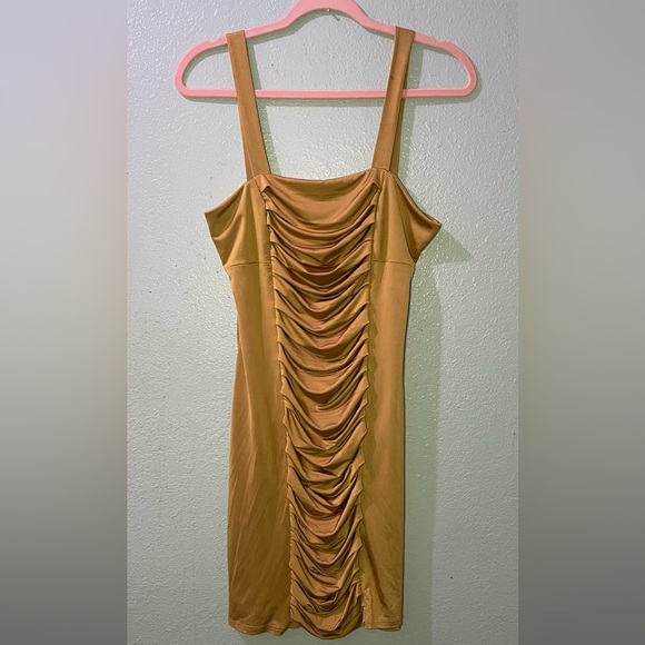 Mystic One Shoulder Tan Dress with Ruched Detail - Picture 1 of 6